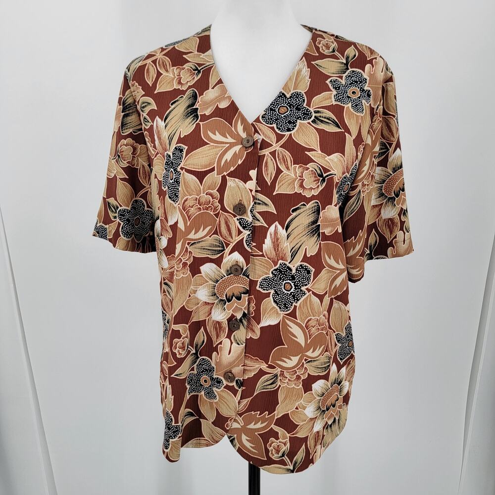 Koret Blouse Womens 10 Floral V Neck Button Up Brown Black White Vintage